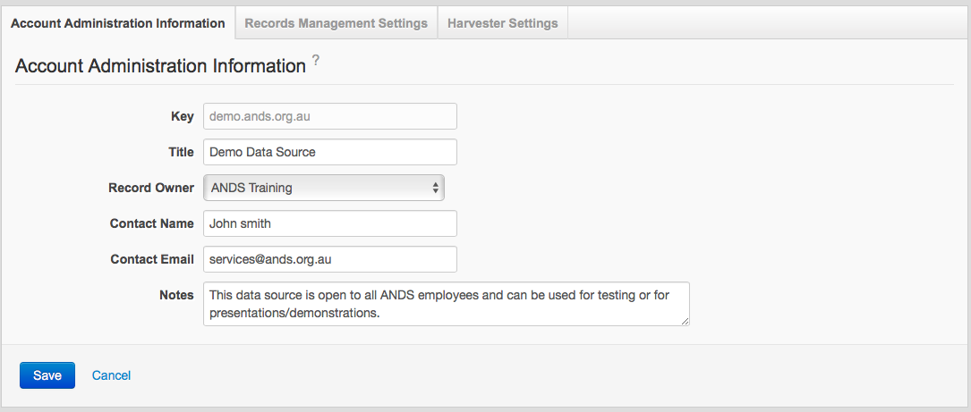'Sample 'Account Administration Information' screen